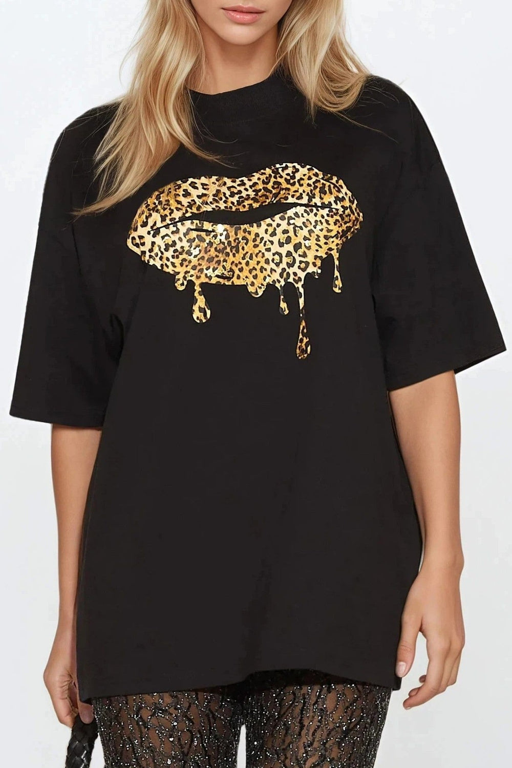 Black Oversized Leopard Print T-Shirt - jqwholesale.com