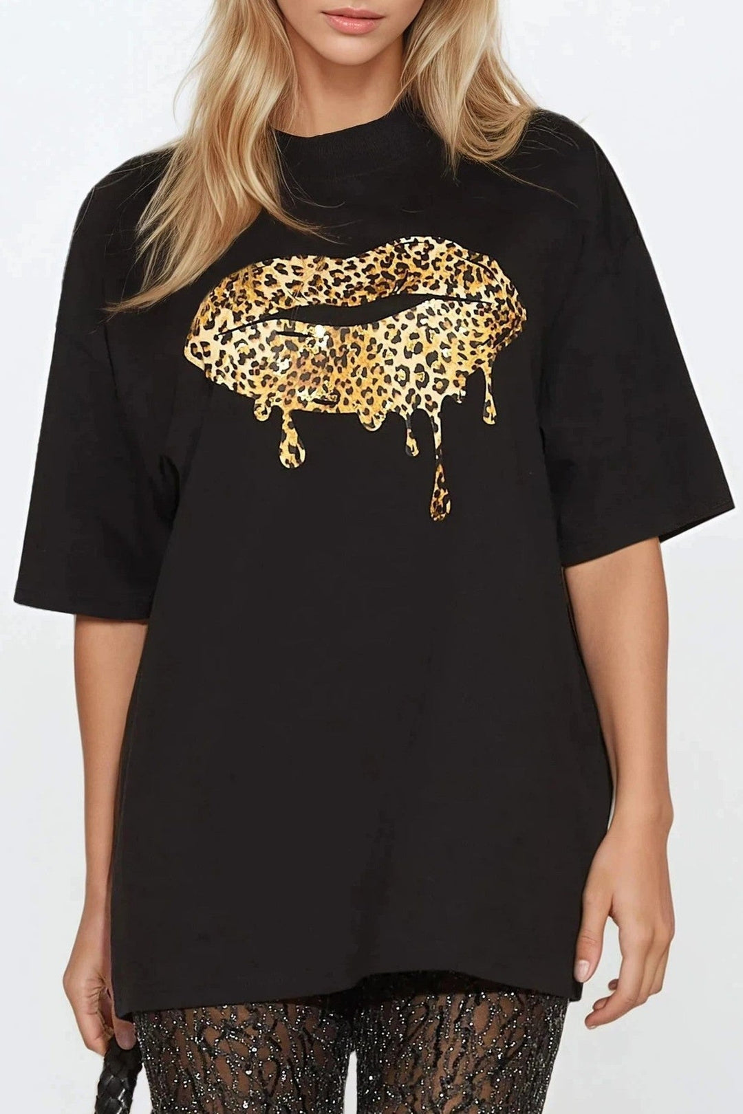 Black Oversized Leopard Print T-Shirt - jqwholesale.com