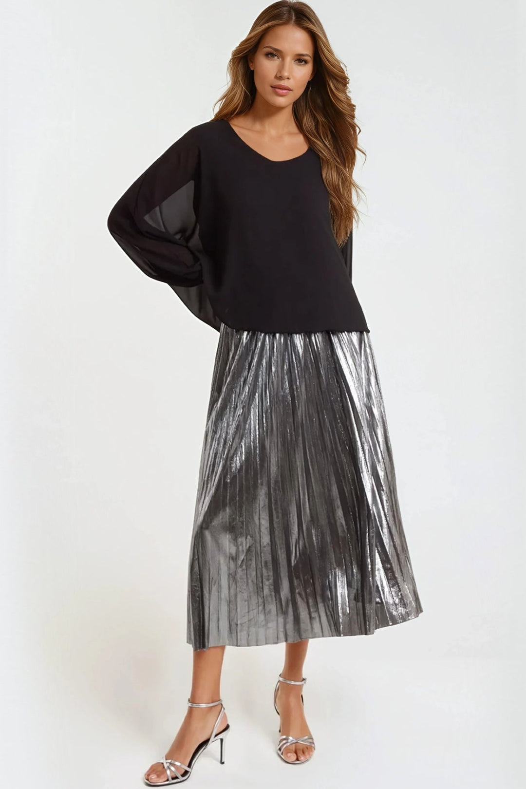 Pewter Metallic Pleated Midi Skirt - jqwholesale.com
