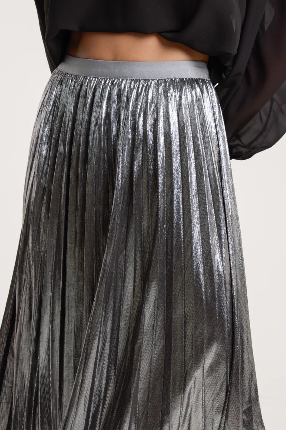 Pewter Metallic Pleated Midi Skirt - jqwholesale.com