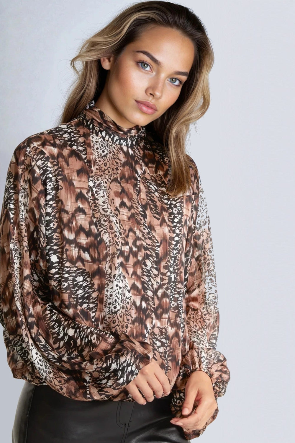 Brown Animal Print Blouse - jqwholesale.com