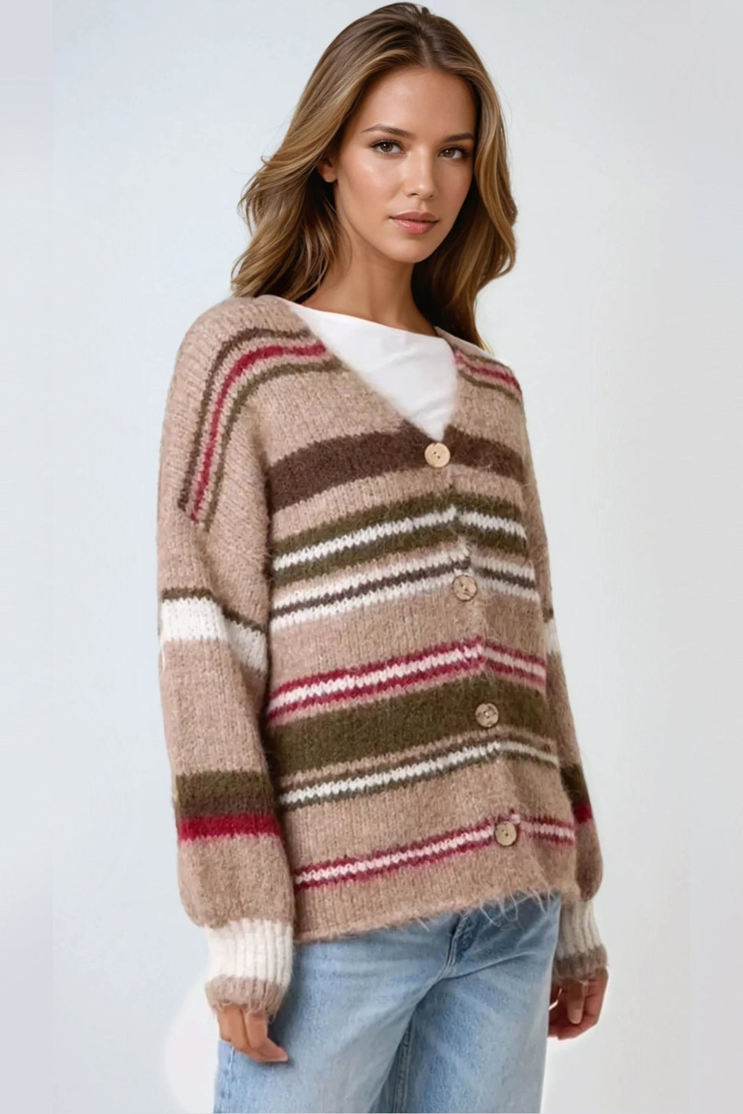 Mocha Striped Knit Cardigan - jqwholesale.com