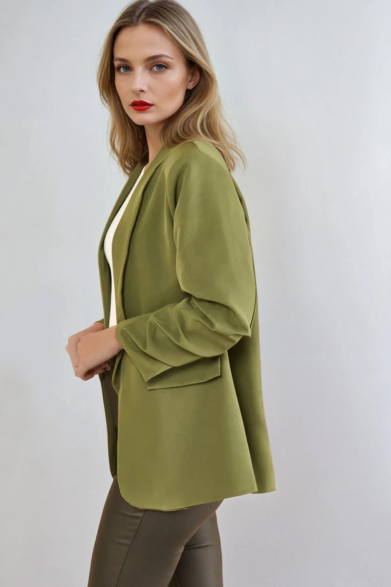 Khaki Blazer with Ruched Sleeves - jqwholesale.com