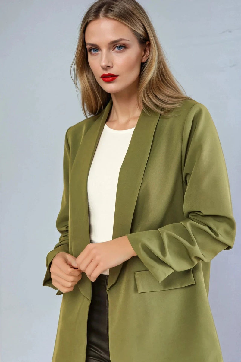 Khaki Blazer with Ruched Sleeves - jqwholesale.com