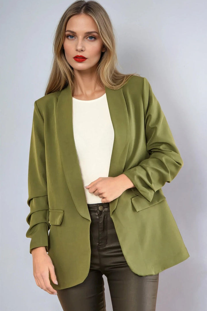 Khaki Blazer with Ruched Sleeves - jqwholesale.com