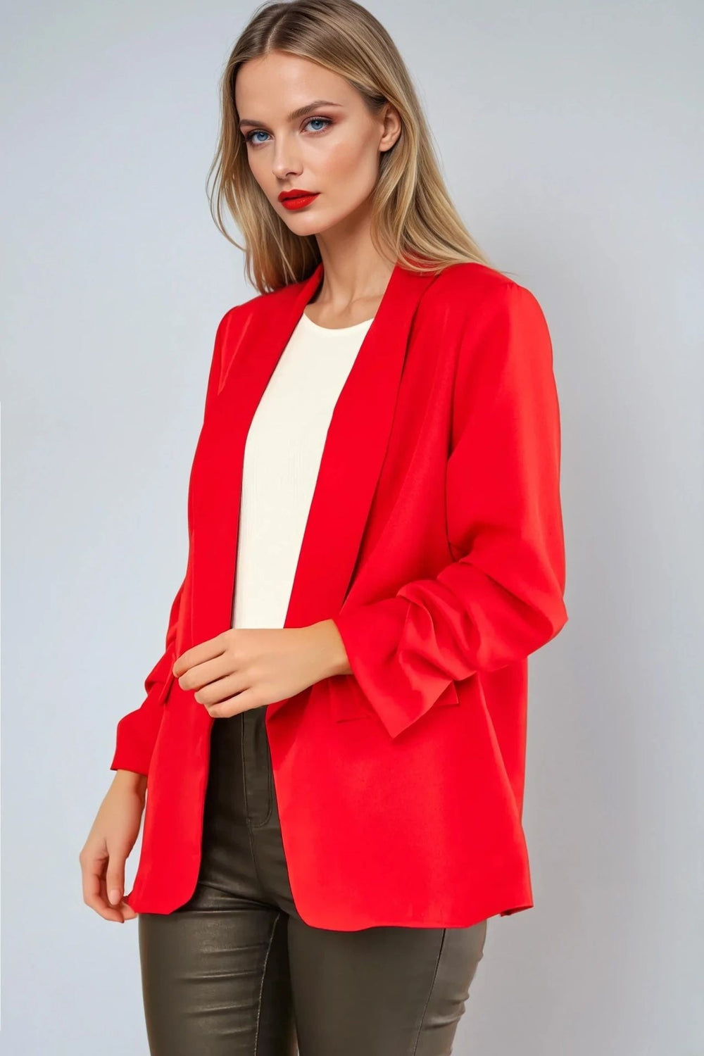 Red Blazer with Ruched Sleeves - jqwholesale.com