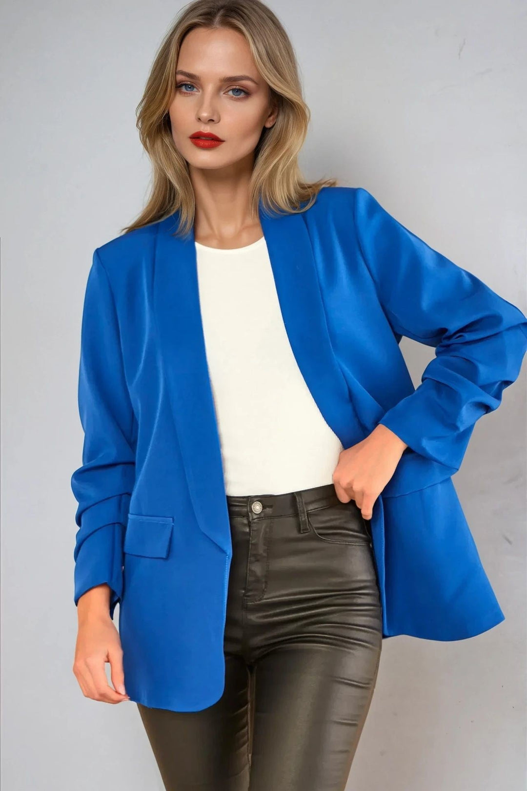 Royal Blue Blazer with Ruched Sleeves - jqwholesale.com