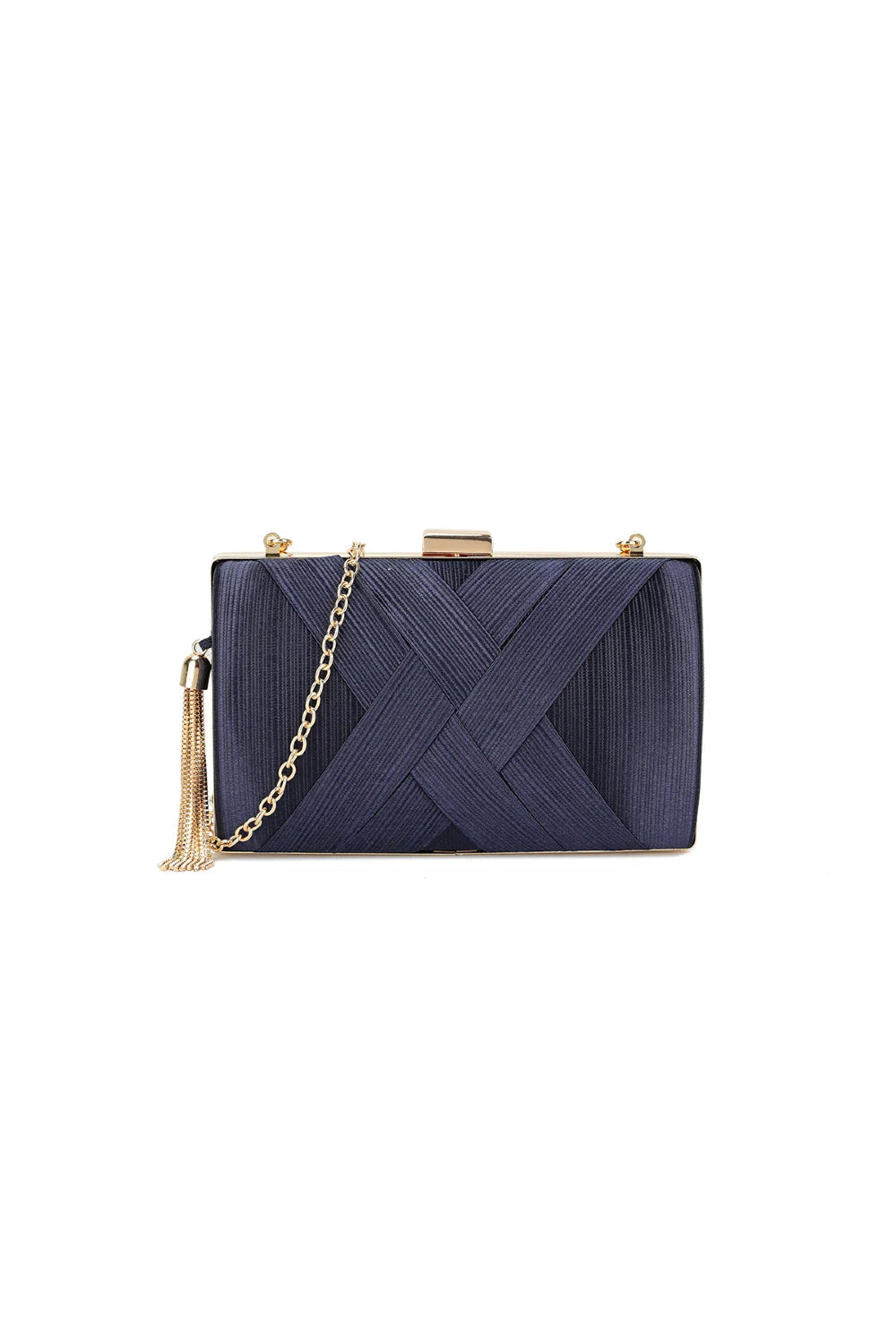 Navy Satin Clutch Bag With Tassels - jqwholesale.com