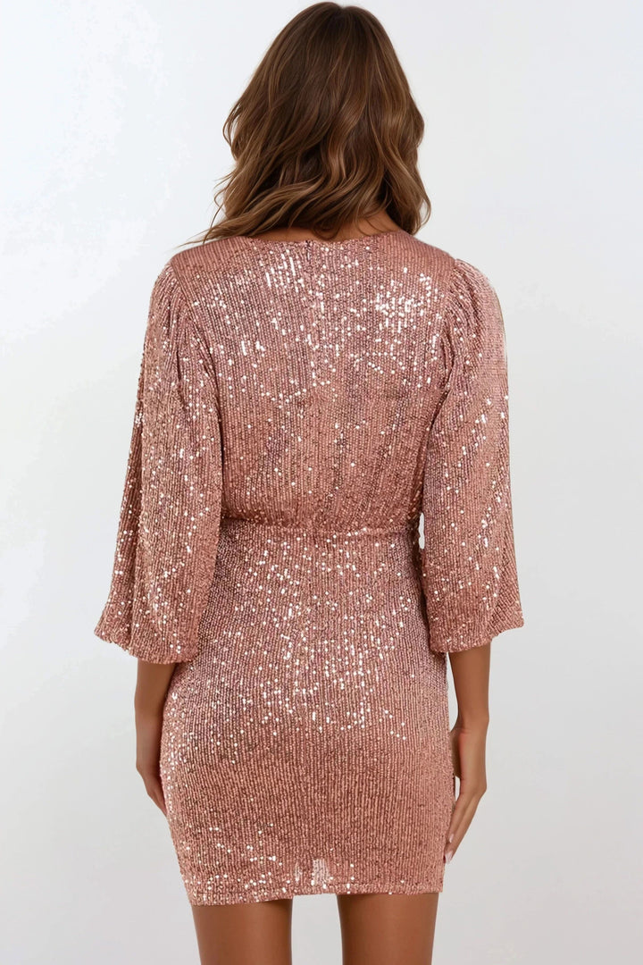 Bronze Sequin V Neck Mini Dress - jqwholesale.com