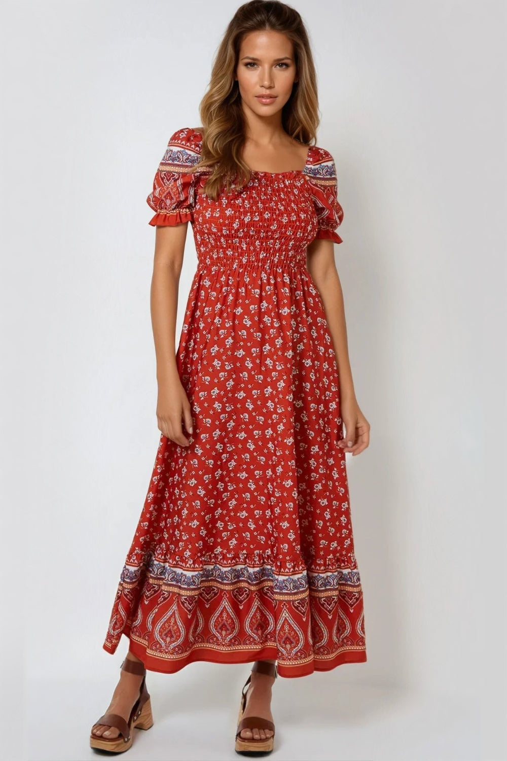 Orange Floral Puff Sleeve Shirred Maxi Dress - jqwholesale.com