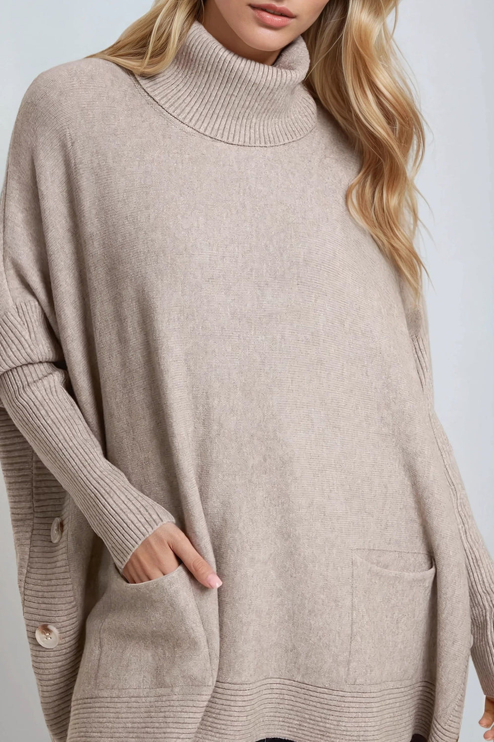 Mocha Roll Neck Jumper Poncho With Side Buttons - jqwholesale.com