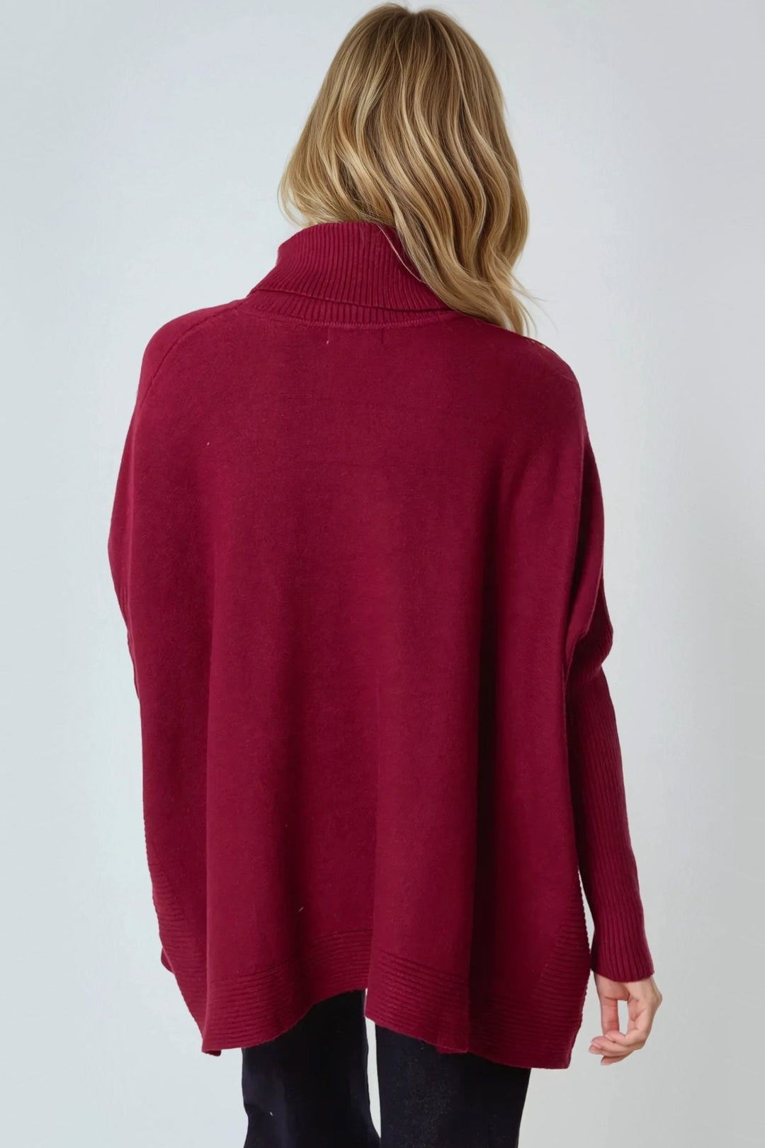 Burgundy Roll Neck Jumper Poncho With Side Buttons - jqwholesale.com