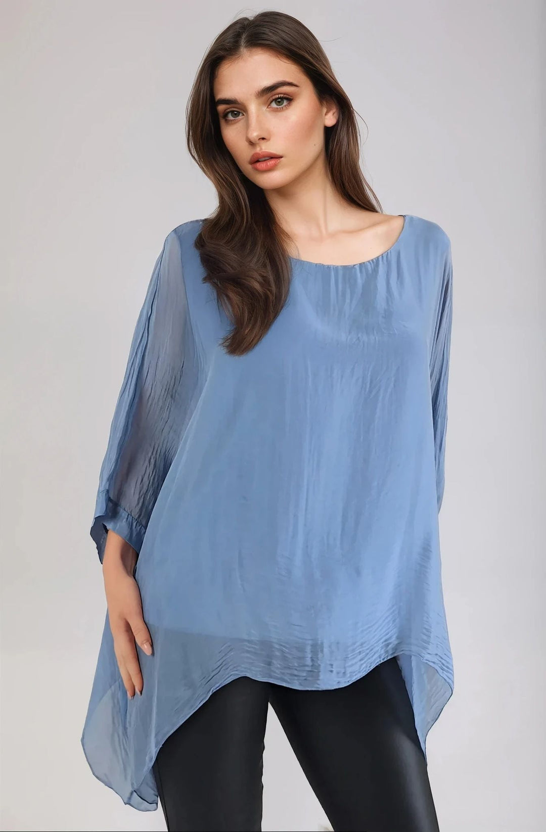 Denim Blue Silk Batwing Sleeve Top Blouse - jqwholesale.com
