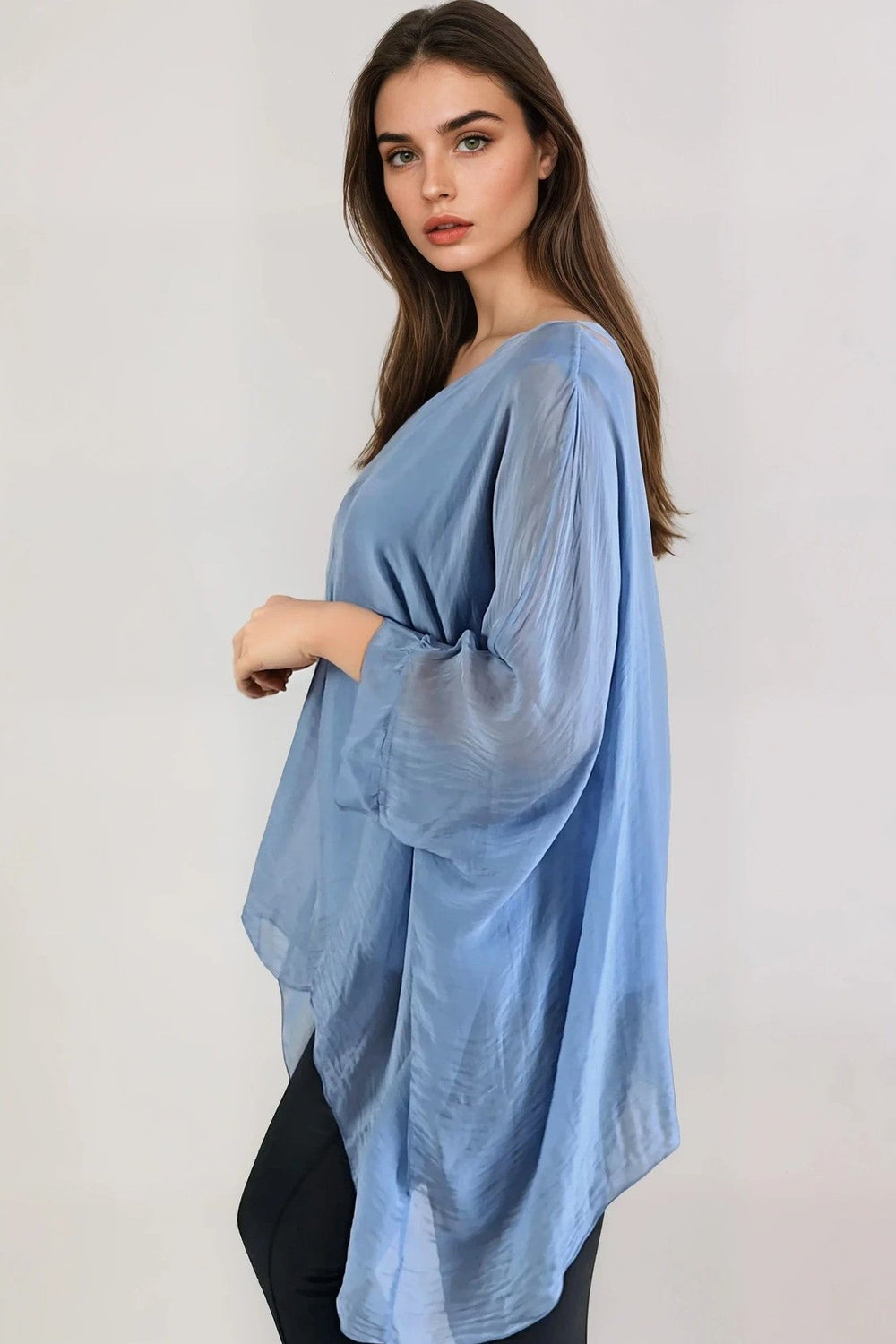 Denim Blue Silk Batwing Sleeve Top Blouse - jqwholesale.com