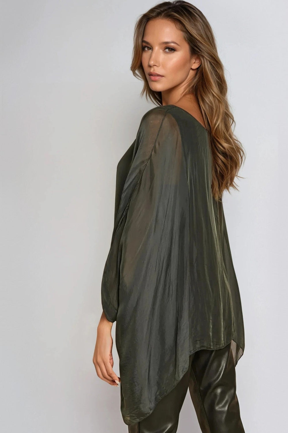 Charcoal Silk Batwing Sleeve Round Neck Blouse - jqwholesale.com