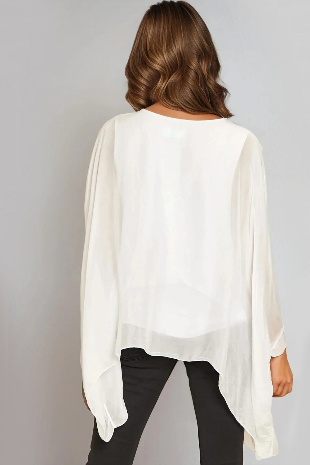 White Silk Batwing Sleeve Round Neck Blouse - jqwholesale.com