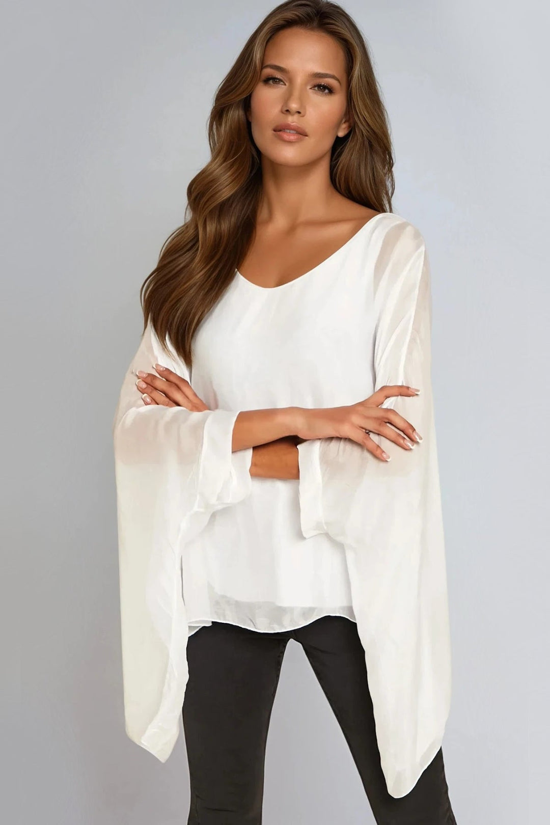 White Silk Batwing Sleeve Round Neck Blouse - jqwholesale.com