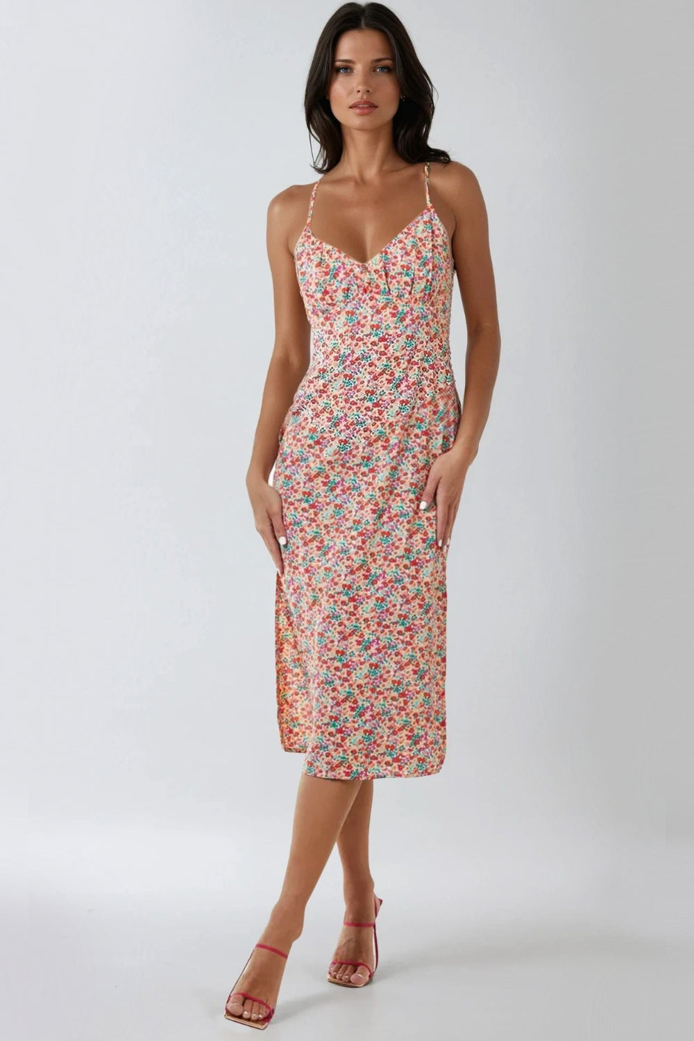 Pink Floral Strappy Midi Dress With Ties - jqwholesale.com