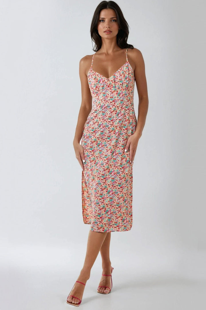 Pink Floral Strappy Midi Dress With Ties - jqwholesale.com