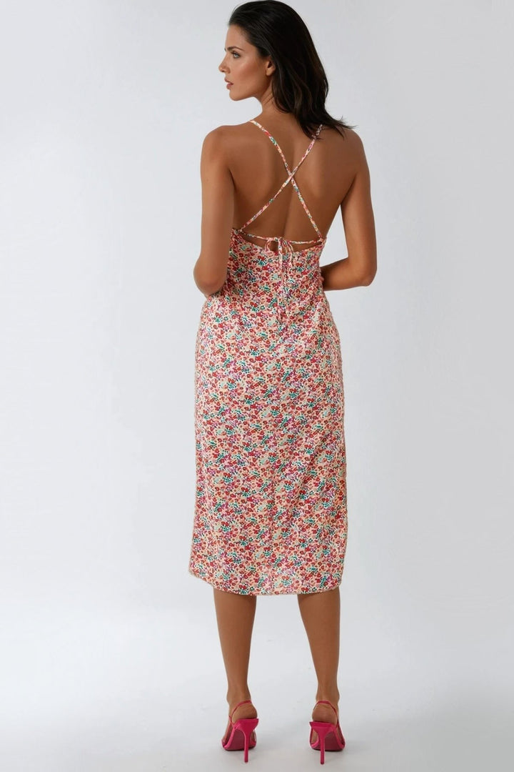 Pink Floral Strappy Midi Dress With Ties - jqwholesale.com