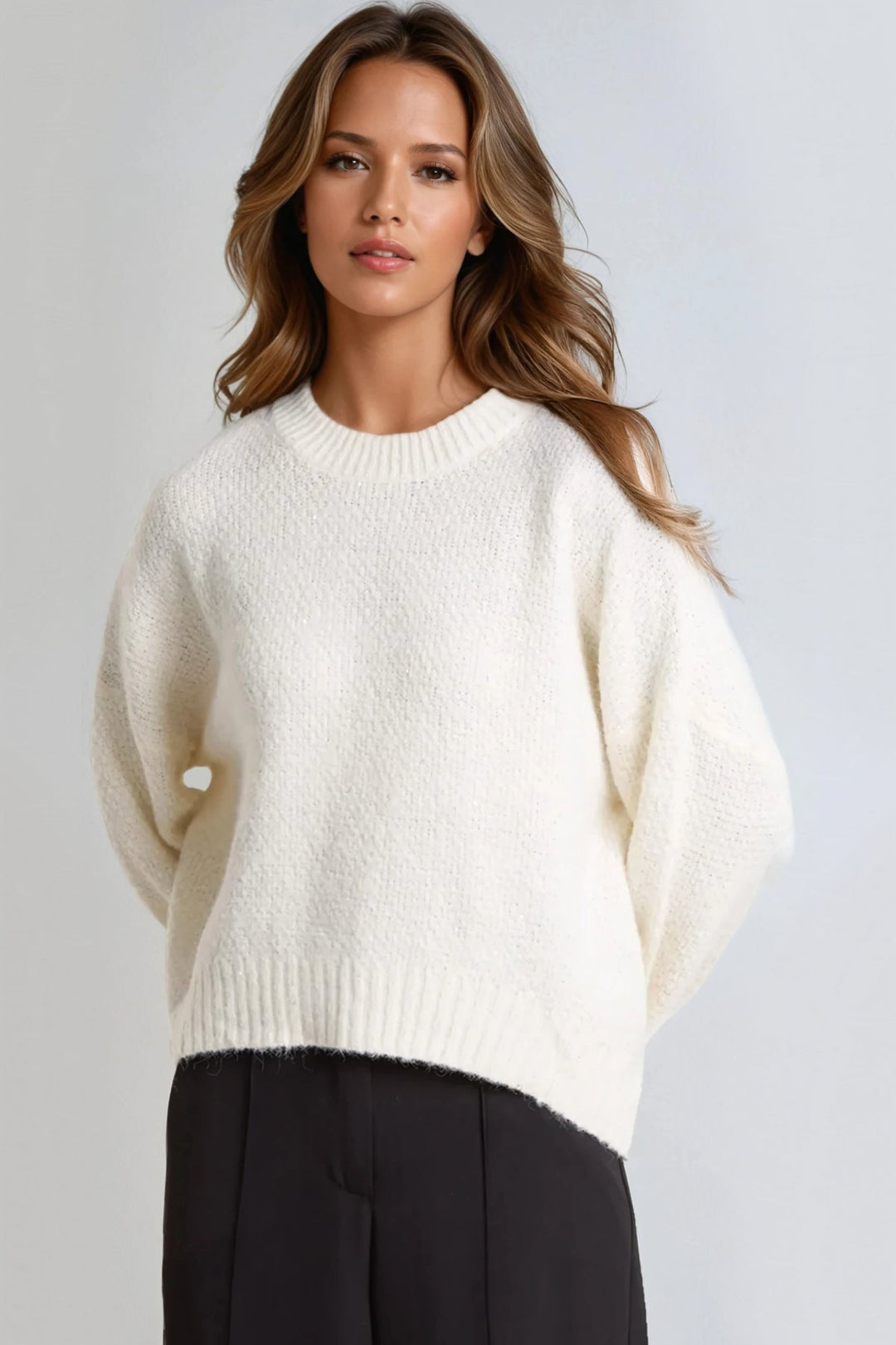 Ivory Textured Knit Crew Neck Jumper - jqwholesale.com