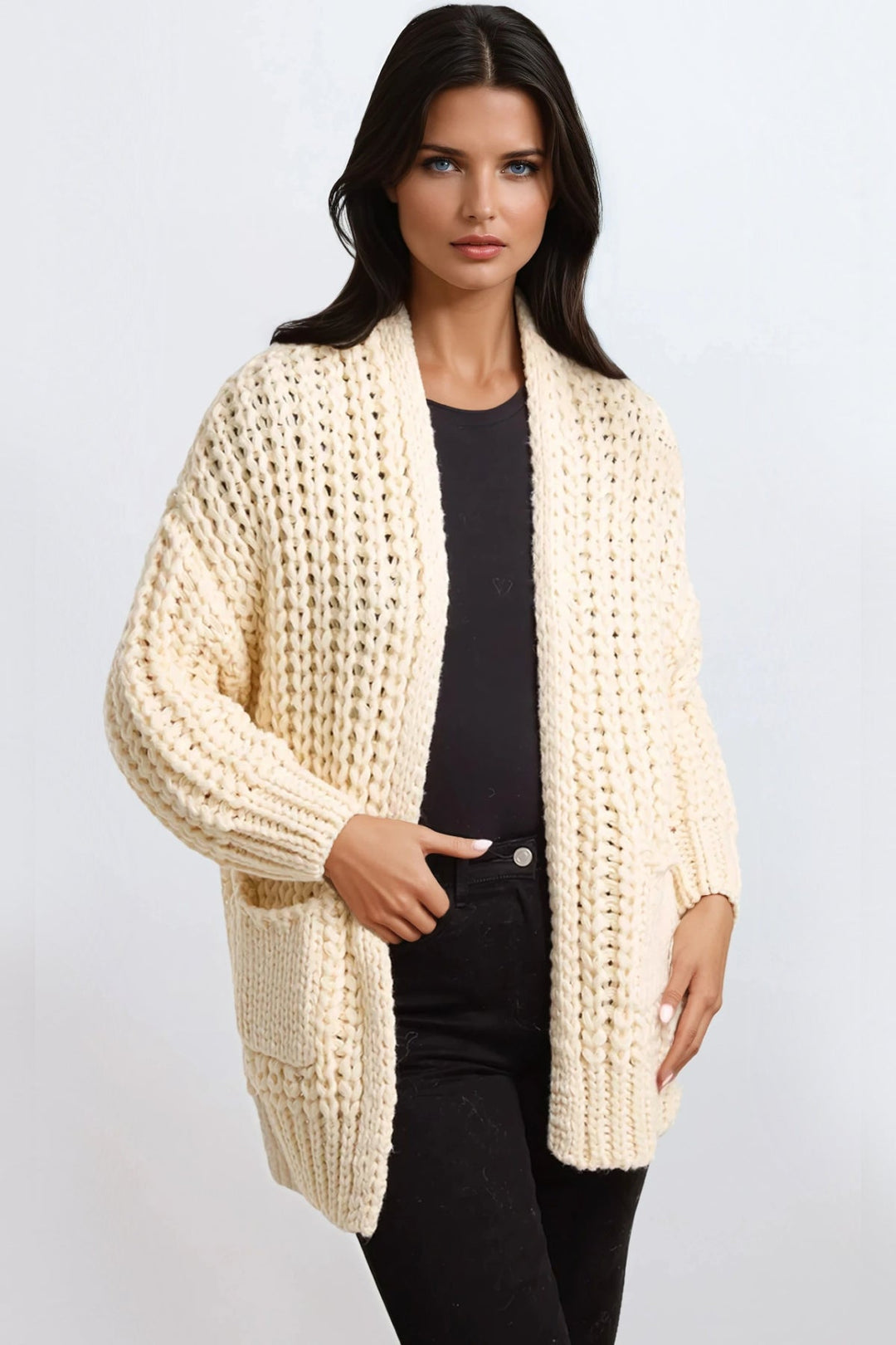 Cream Chunky Knit Cardigan With Pockets - jqwholesale.com