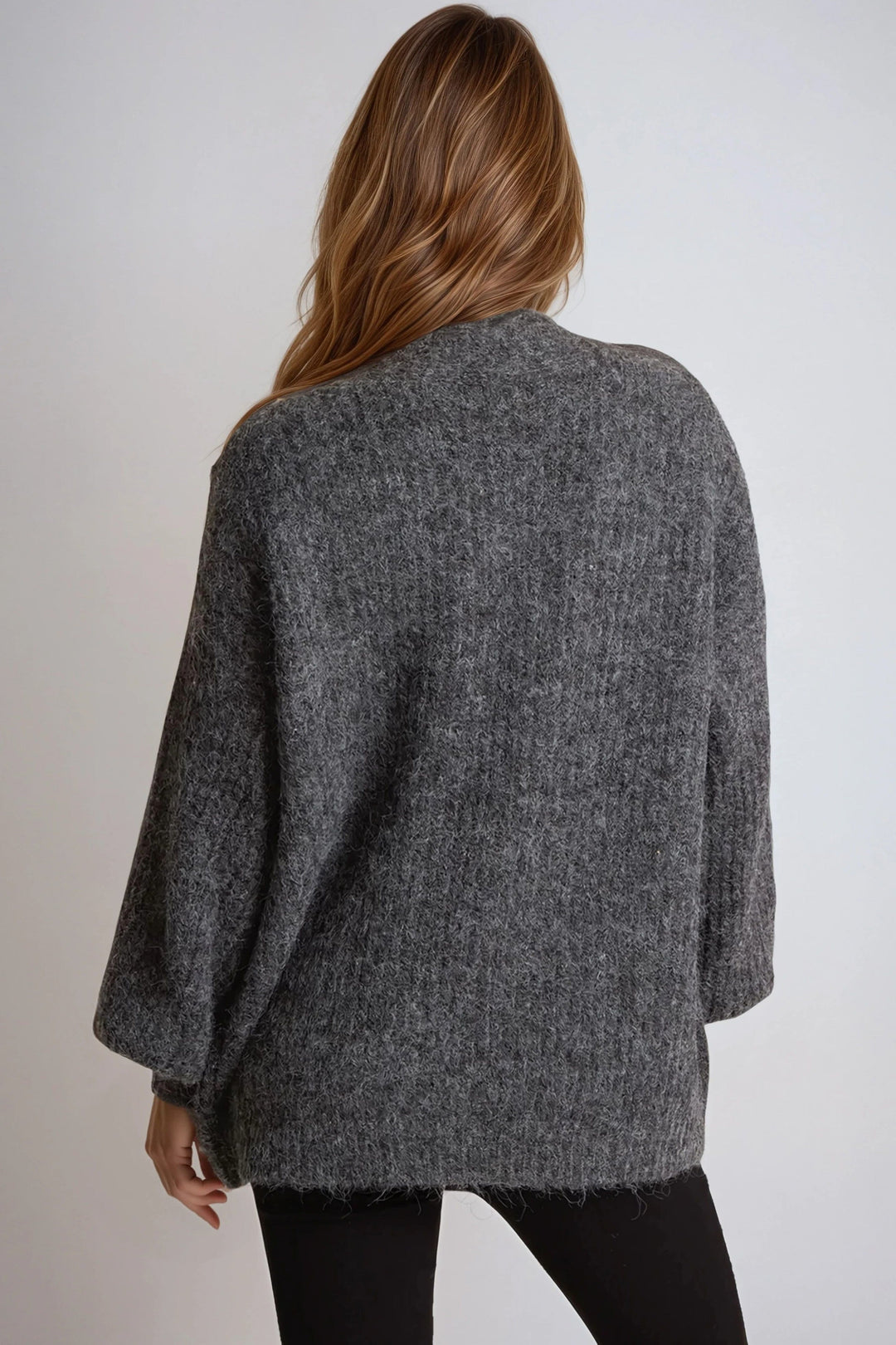 Charcoal Wool Blend Balloon Sleeve Knitted Cardigan - jqwholesale.com