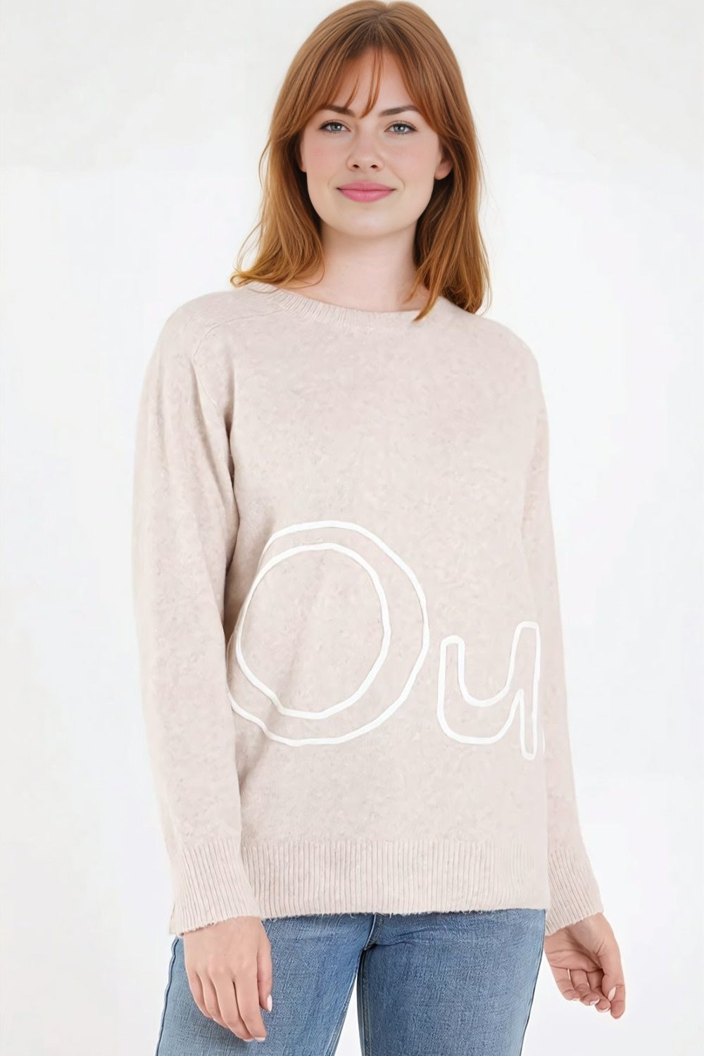 Beige 'Oui' Embroidery Fine Knit Jumper - jqwholesale.com