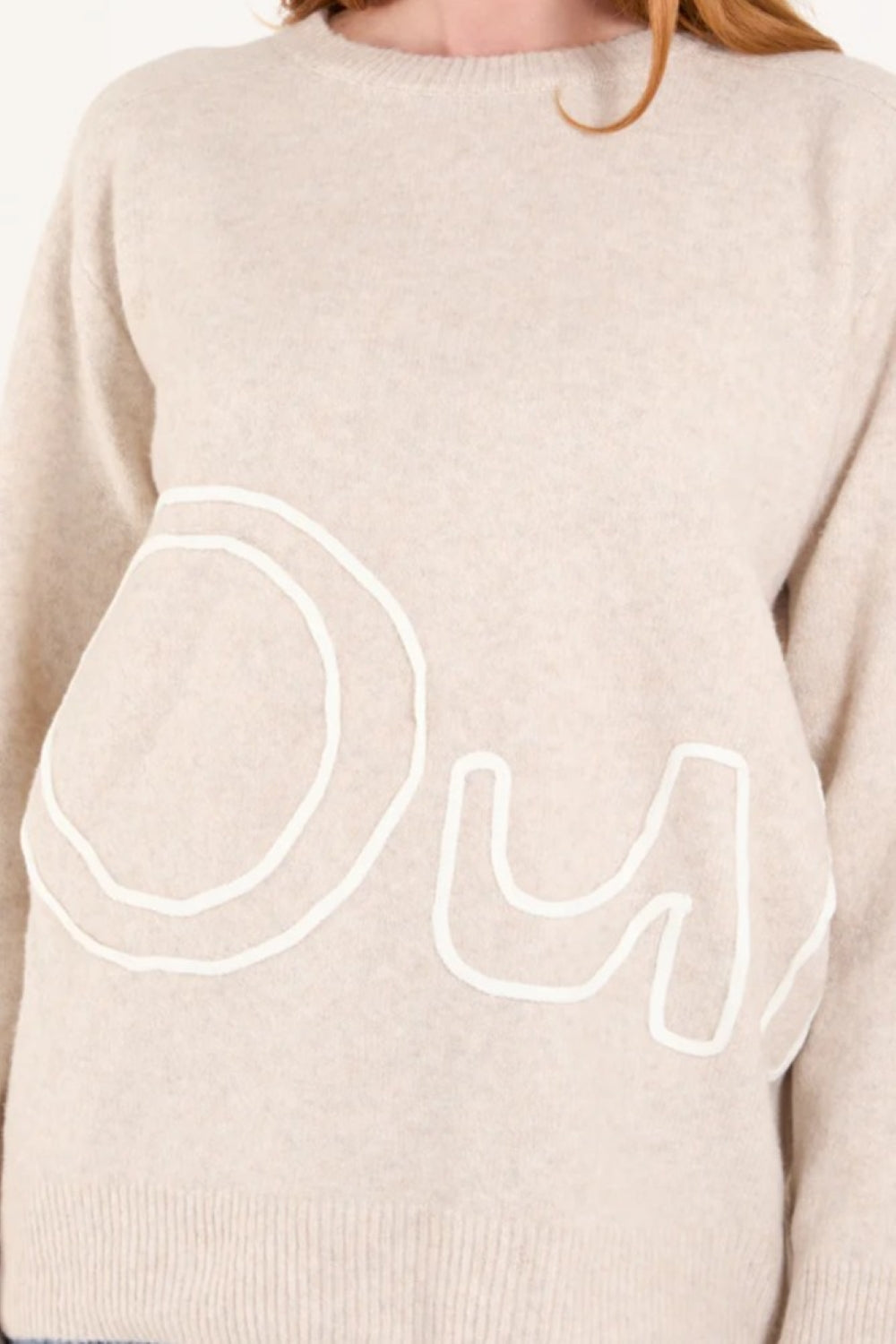 Beige 'Oui' Embroidery Fine Knit Jumper - jqwholesale.com
