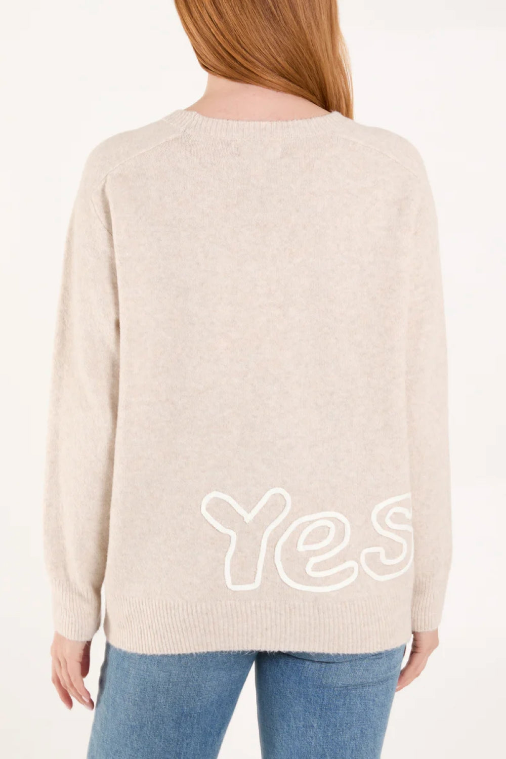 Beige 'Oui' Embroidery Fine Knit Jumper - jqwholesale.com