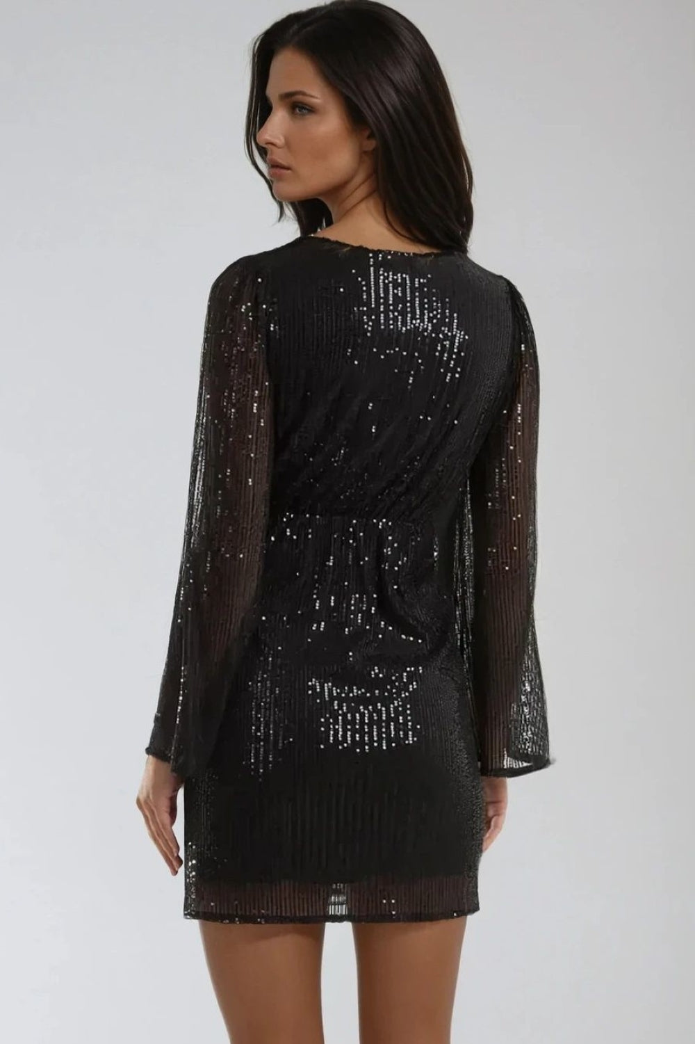 Black Sequin Angel Sleeve V Neck Mini Dress - jqwholesale.com