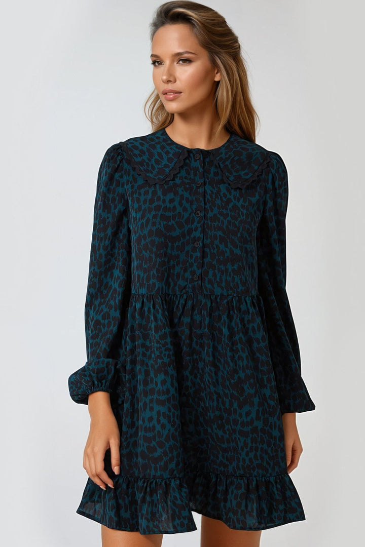 Teal Animal Print Smock Mini Dress - jqwholesale.com