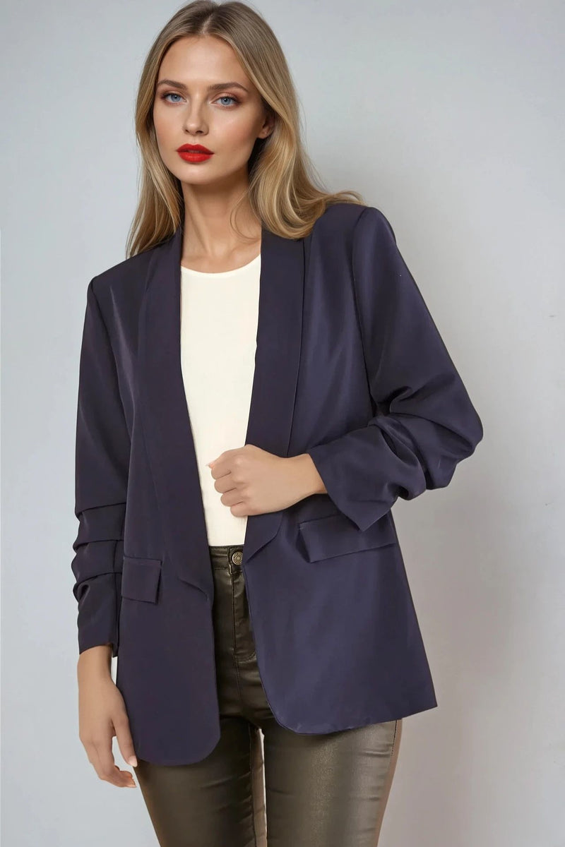 Navy Blazer with Ruched Sleeves - jqwholesale.com