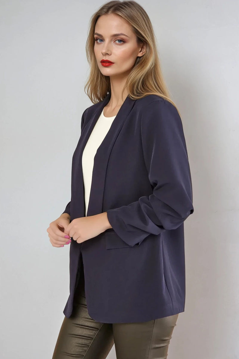 Navy Blazer with Ruched Sleeves - jqwholesale.com