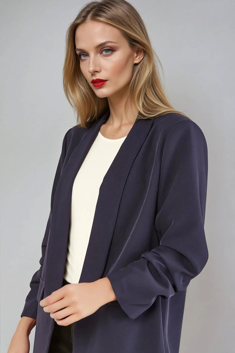 Navy Blazer with Ruched Sleeves - jqwholesale.com