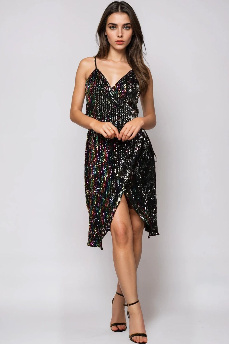 Multicolour Sequin Velvet Mini Wrap Dress - jqwholesale.com