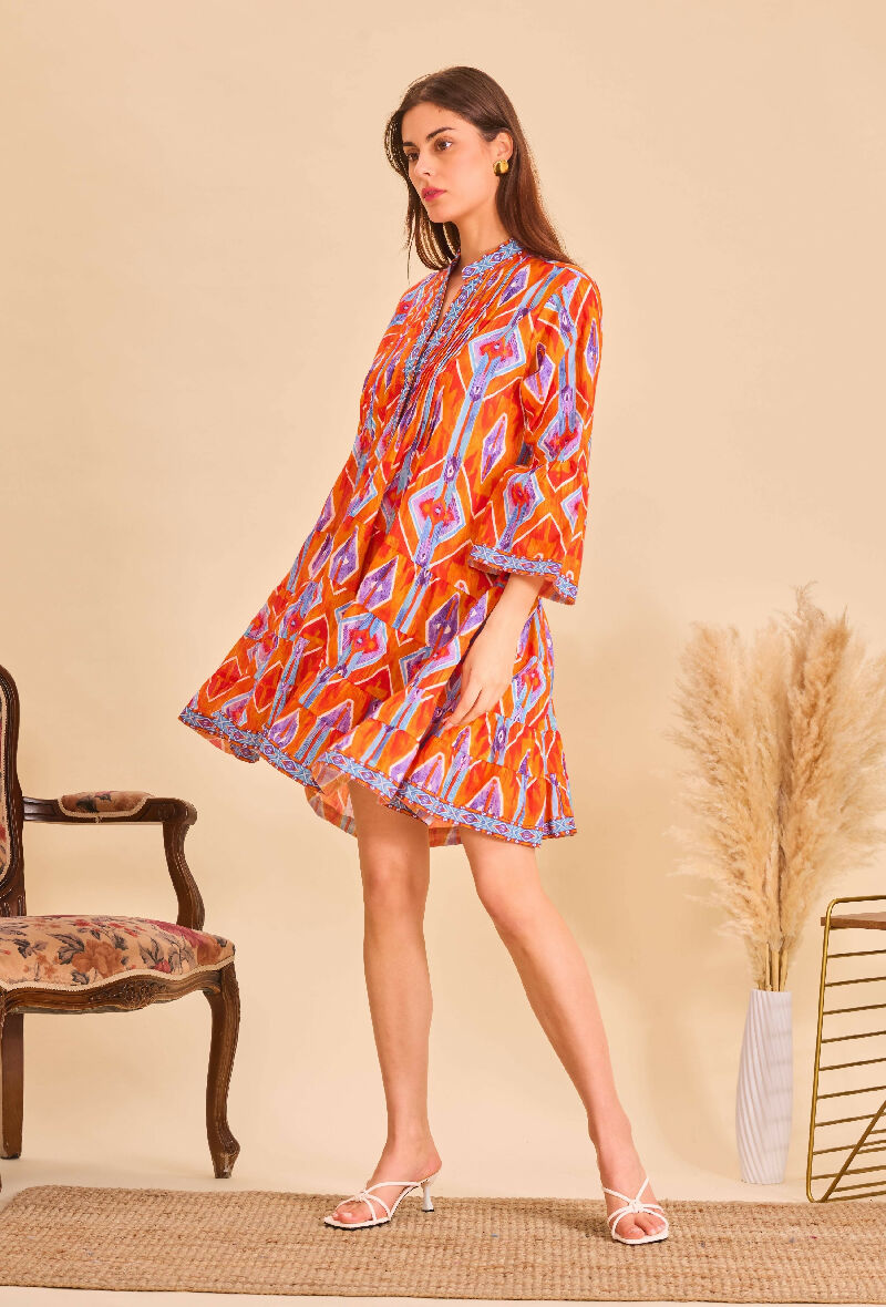 Short A-line dress in printed cotton- Orange