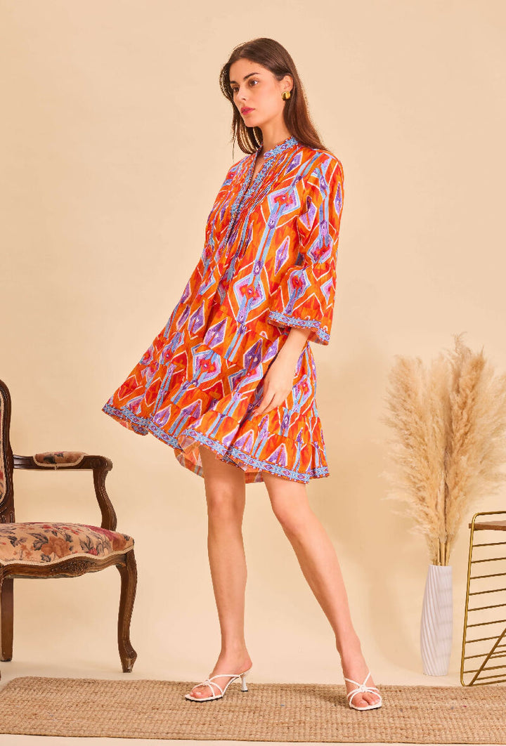 Short A-line dress in printed cotton- Orange