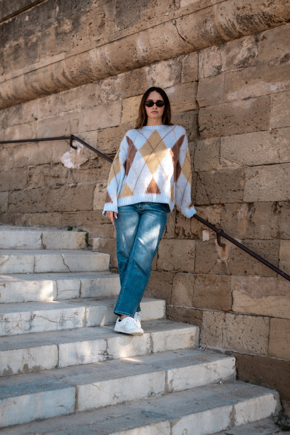 Blue Argyle Knit Round Neck Jumper - jqwholesale.com