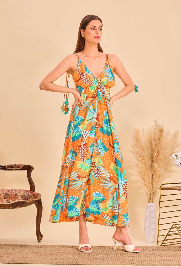 Long bohemian silk backless dress - Orange
