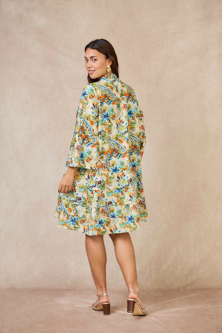 Short A-line dress in printed cotton- Green