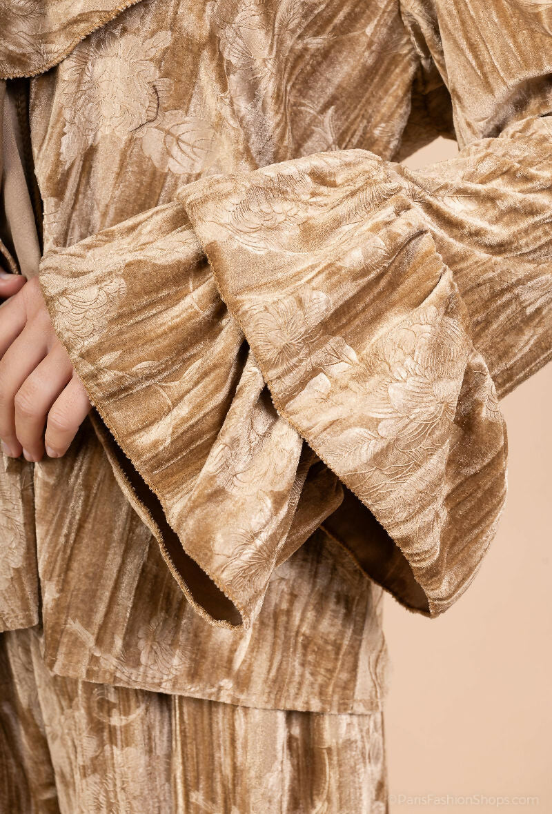 Embroidered Velvet Ruffle Blouse