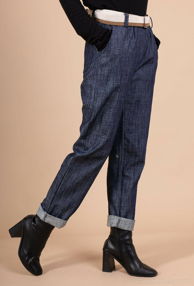 (4p.pack) Belted Straight-Cut Wide Denim Jeans