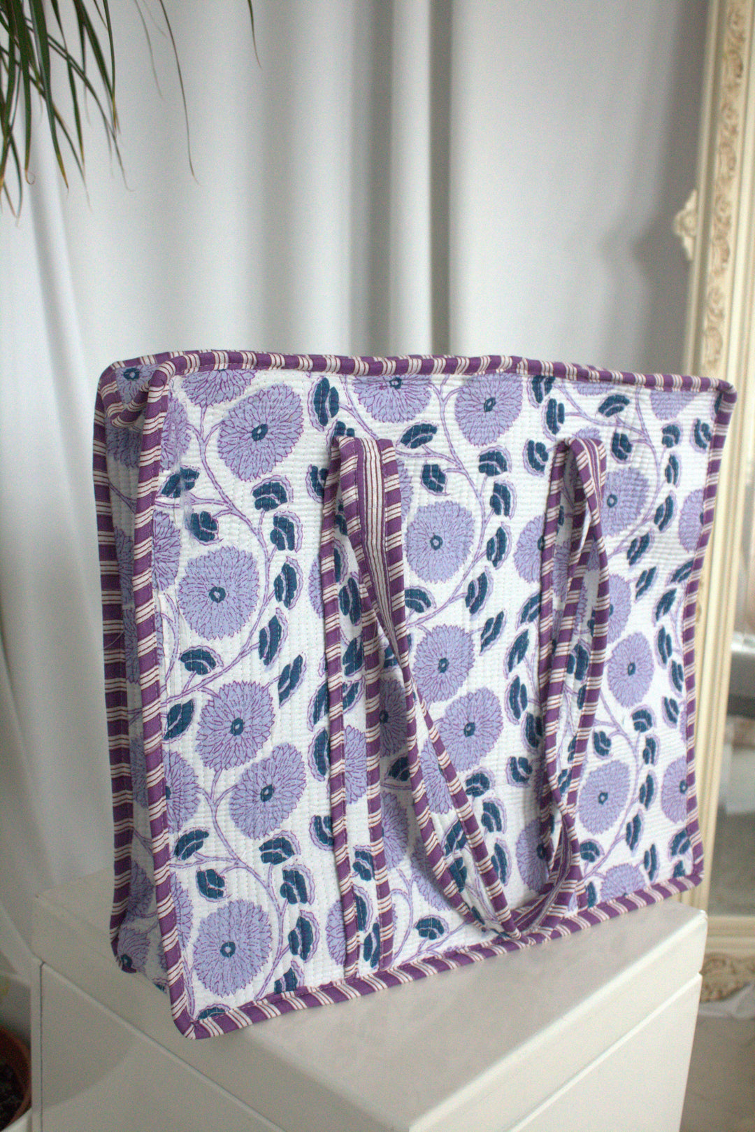 Quilted Printed Tote Bag in Purple Floral - jqwholesale.com