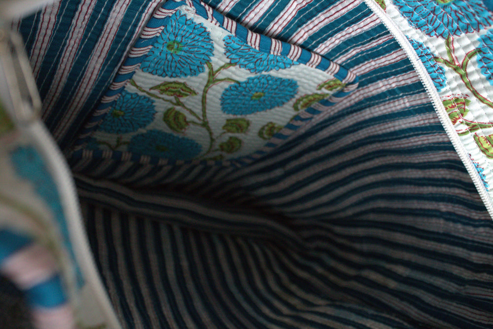 Quilted Printed Tote Bag in Blue Floral - jqwholesale.com