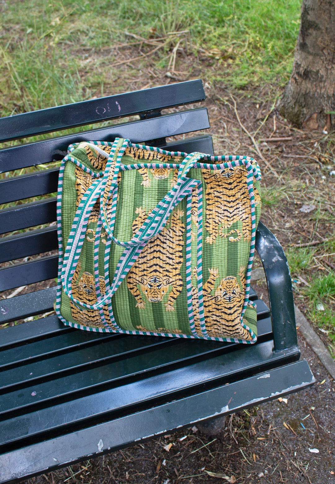 Quilted Printed Tote Bag in Green Tiger - jqwholesale.com