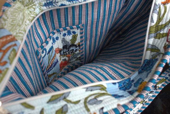 Quilted Printed Tote Bag in White Patchwork - jqwholesale.com