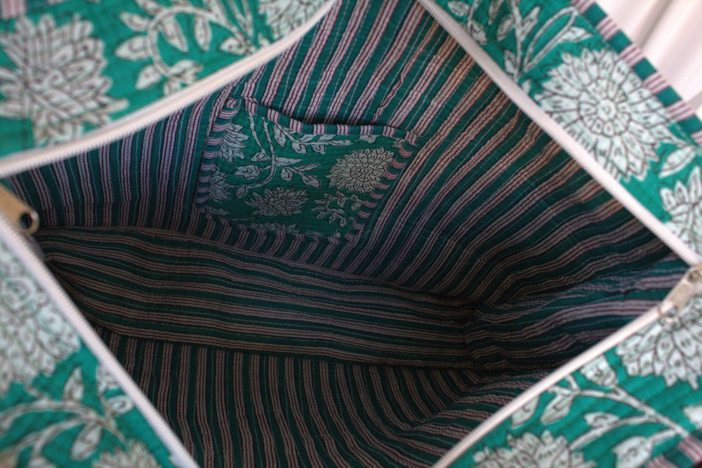 Quilted Printed Tote Bag in Teal Floral - jqwholesale.com
