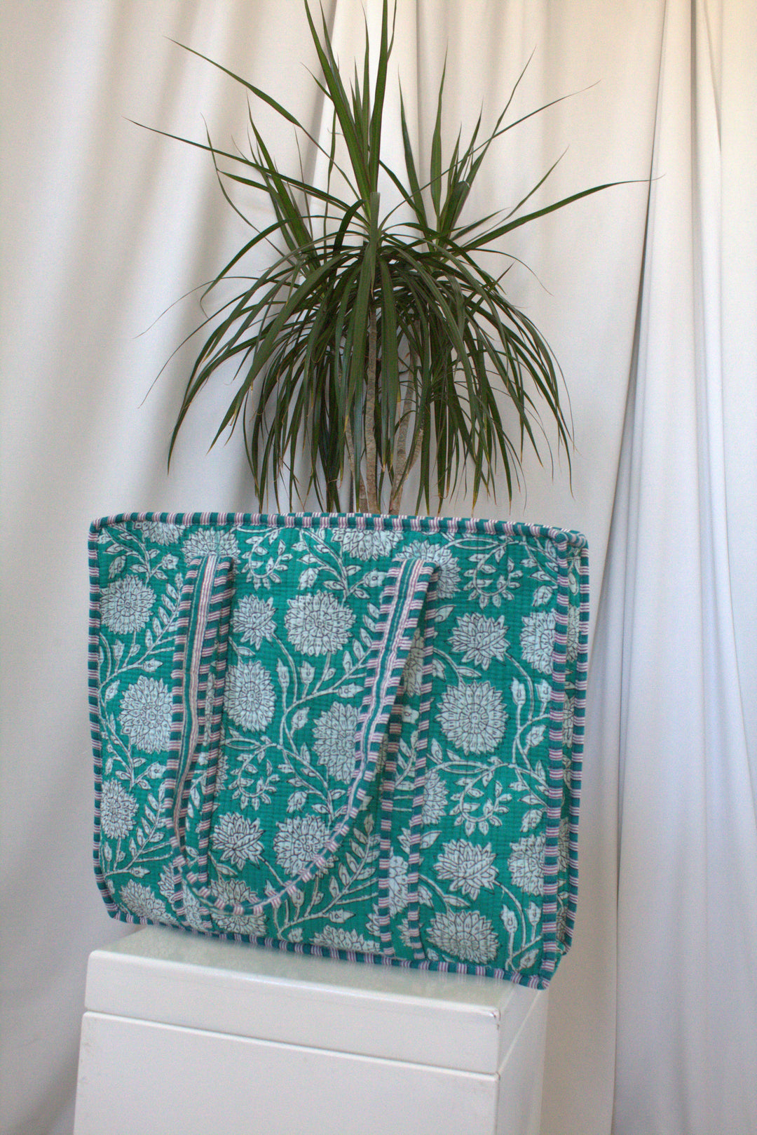 Quilted Printed Tote Bag in Teal Floral - jqwholesale.com