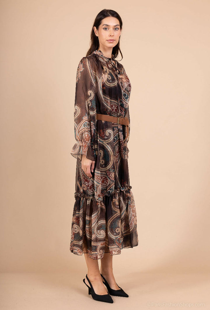 Printed Chiffon Maxi Dress with Belt